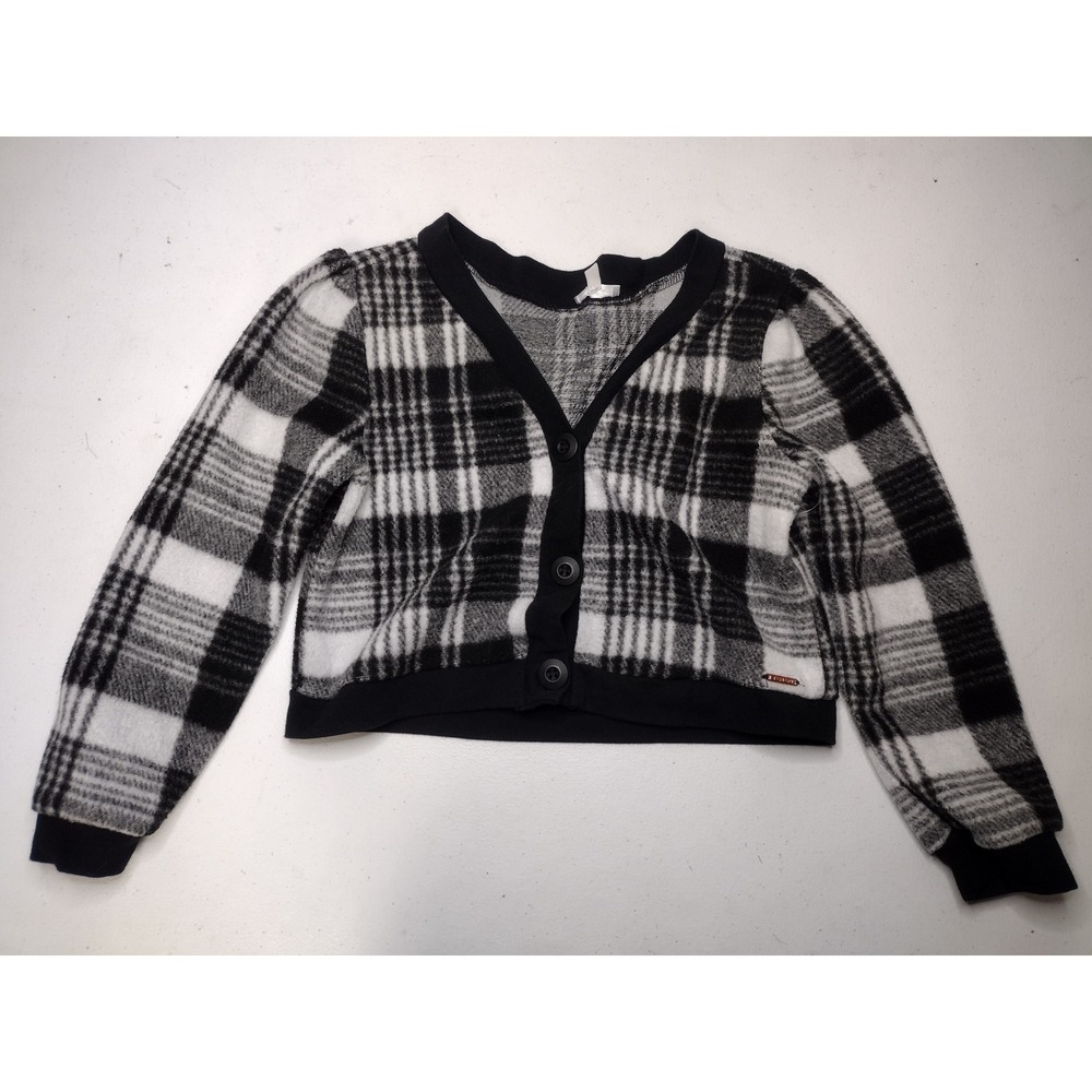 Tahari Girl Black White Plaid Cropped Cardigan Sweater Kids Size 6 Button Front